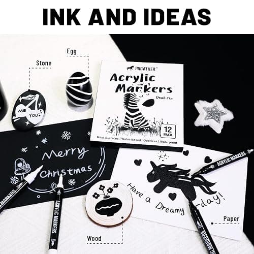 Pagather Black and White Acrylic Paint Markers, Dual Tip with Fine Tip and Brush Tip Pens for Fabric, Stone, Wood, Canvas, Ceramic, Metal, Glass, Rock Painting, DIY Crafts thumbnail 6