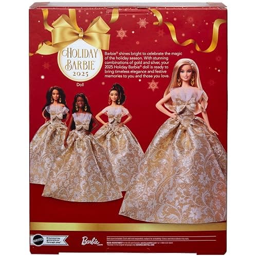 Barbie Signature 2025 Holiday Blonde Fashion Doll Wearing Silver & Gold Gown, Seasonal Collector in Displayable Packaging & Stand thumbnail 7