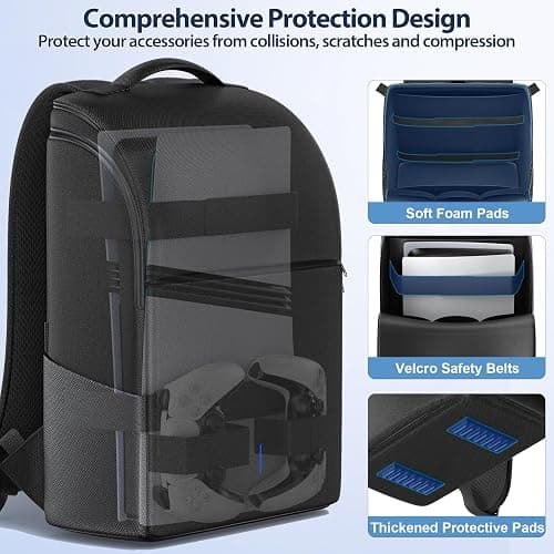 Rysker PS5/ Slim/ Pro Console Backpack, PS5 Travel Bag with Full Protection, Large Capacity PS5 Carry Bag, PS Portal, Laptop, Game Card, PlayStation 5 Backpack with 3 Cable Pockets- Black thumbnail 3