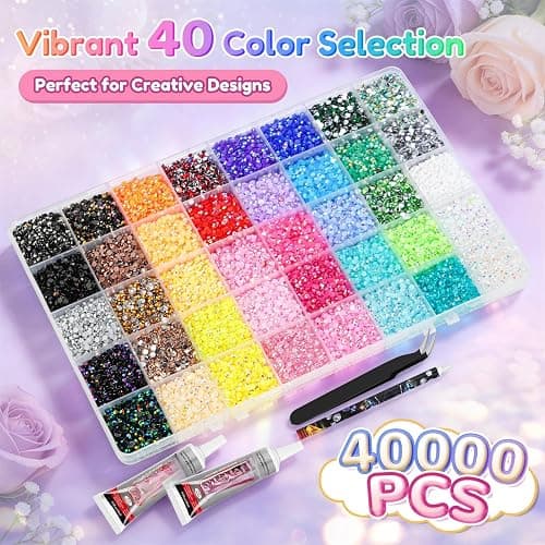 Winwj 40 Colors 40000pcs Bedazzling Kit with Glue and Pen, 3mm Nail Art Rhinestones, Flatback Gems with Tweezers & Pen, Nail Art Crystals for DIY Crafts, Phone Cases, Clothes thumbnail 2