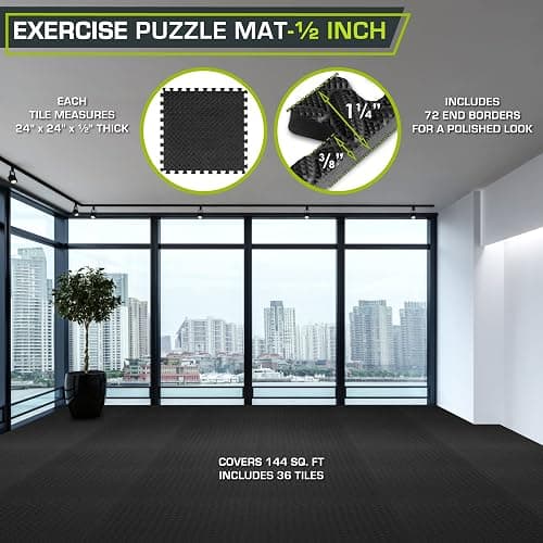 ProsourceFit Exercise Puzzle Mat ½-inch, EVA Interlocking Foam Floor Tiles for Home Gym, Workout Equipment, Kids Play Areas, Black, 144 SQ FT - 36 Tiles thumbnail 2