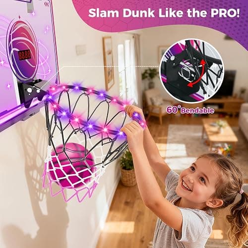 VATOS Basketball Hoop for Girls Indoor, LED Basketball Hoop with 7 Color Lights, Glowing Rim, Scoreboard & Remote Controller, Basketball Set Sports Toys Birthday Gifts for Girls Kids Teens 5-12 thumbnail 3