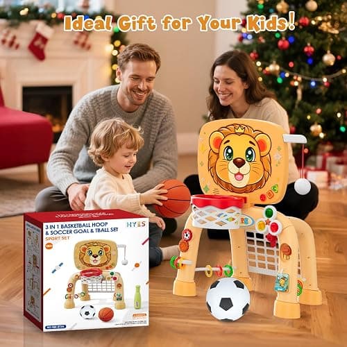 HYES Toddler Basketball Hoop Tball Set & Soccer Goal - Lion Sport Toys for 1 Year Old Boy with Learning Activities (Abacus/Alphabet/Animals Sounds) Christmas Birthday Gifts for Baby Boy Age 1 2 3 thumbnail 2