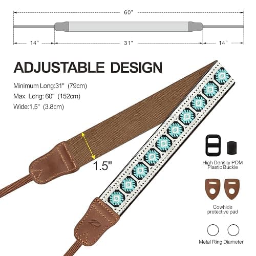 Padwa Lifestyle Camera Strap - 1.5" Crazy Horse Cowhide Head Cotton Strap,Vintage Embroidery Camera Straps for Photographers,Cameras,Binoculars,Cute Adjustable Shoulder Neck Strap for Adults & Kids thumbnail 6