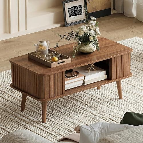 LAZZO Coffee Table with Storage Center Table for Living Room Rectangle Coffee Table with Rounded Edges,Easy Assembly, Walnut - Image 1