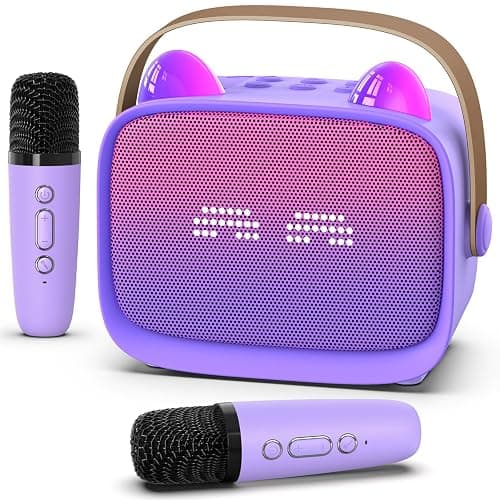 Mini Karaoke Machine Toys Gifts,Kids Portable Bluetooth Speaker with 2 Wireless Microphone and LED,Christmas Birthday Gifts for Girls Boys 3 4 5 6 7 8+ Year Old (Purple) - Image 1