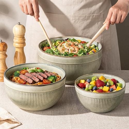 GBhome Ceramic Mixing Bowls Set of 3, Stoneware Nesting Serving Bowls, | 45/90/150 oz For Prep, Baking, Serving, Gift, Microwave and Dishwasher Safe, Ribbed Dishware Collection,Desert Sage thumbnail 6