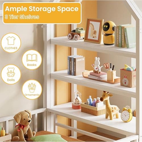 LIKIMIO Twin Bed Frame, Metal House Floor Bed Frame with Storage, Fence Guardrails, No Box Spring Needed, Space Saving for Bedroom and Dorm, Easy Assembly, White thumbnail 5
