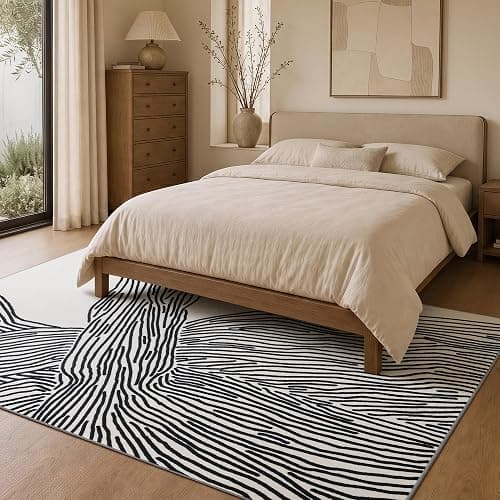 YIHOUSE 5×7Ft Area Rugs, Abstract Washable Rug, Modern Black and White Rug for Bedroom Living Room Dining Room Office Playroom Nursery, Nonslip Throw Non-Shedding Thin Contemporary Striped Rugs | Soft low-pile modern striped 5x7 rug with non-slip backing; machine washable for small living room, bedroom, nursery, office thumbnail 3
