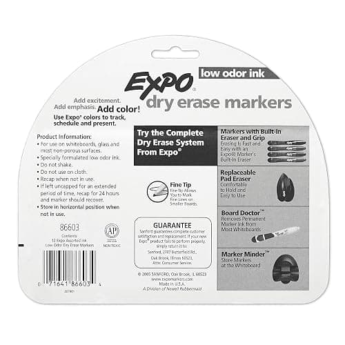 EXPO Dry Erase Markers, Low Odor Ink, Assorted Colors, Fine Tip, 12 Count - Whiteboard, Calendar, Organization, Essential Supplies for Office, School, Classroom, Teachers thumbnail 10