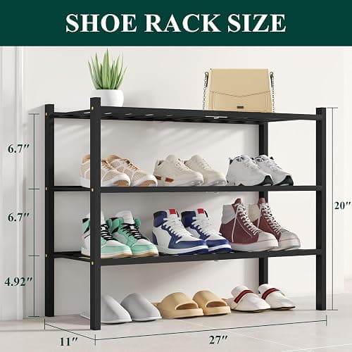 Smiry Shoe Rack, 3 Tier Bamboo Shoe Organizer, Stackable Free Standing Wooden Shoe Storage Shelf for Closet, Entryway, Front Door Entrance, Black thumbnail 2