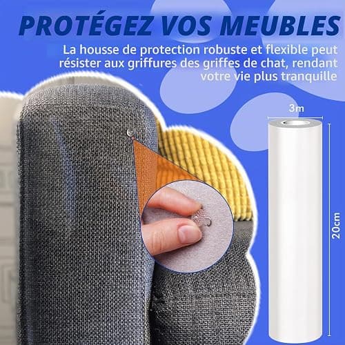 Wansiven Protection Griffe Chat Canapé, Transparent Protection Canape Anti Griffe, Résistant à l'usure et aux Rayures, adhésif Film Anti-griffures pour Chat et Chien, canapé, Porte (20 cm x 3 m) thumbnail 3