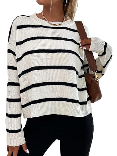 GORGLITTER Women's Striped Drop Shoulder Sweater Oversized Crew Neck Knit Sweaters Pullover Top - Image 1