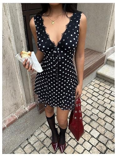 SOLY HUX Women's Polka Dots Mini Dress Lace Trim V Neck Sleeveless A Line Flowy Party Going Out Dresses thumbnail 4