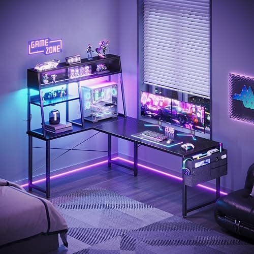 AODK L Shaped Gaming Desk with Led Lights, 59 Inch Reversible Gaming Computer Desk with Display Shelves, PC Gamer Desk Gamer Table with Storage Bag, L Desk for Game, Black thumbnail 8