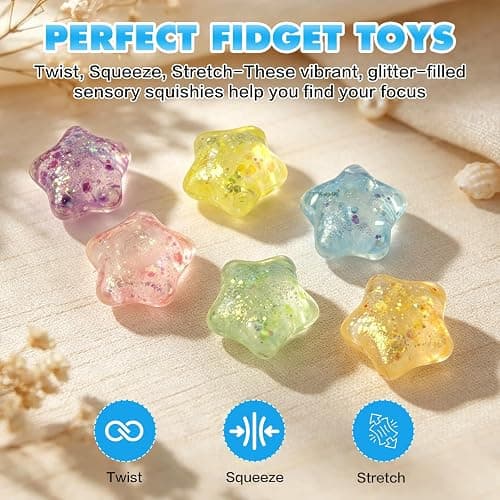 18 Pack Slow Rising Squishy Stress Balls, Glitter Star Fidget Toys, Malt Sugar Sensory Toys for Classroom Prizes Party Favors, Squeeze Ball for Stress Relief thumbnail 4