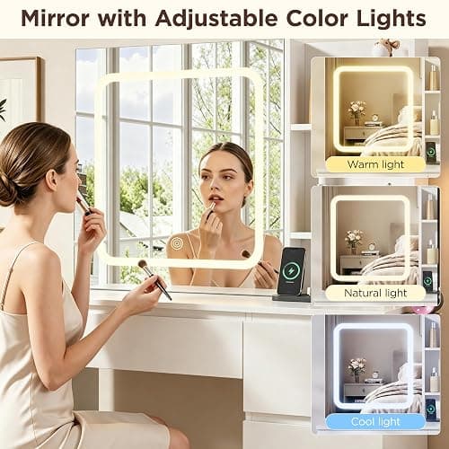 Vabches Make Up Vanity Desk with Charging Station, Vanity Set with Mirror and Stool and Lights,Dressing Table with 4 Drawers & Storage Shelves,37inch, White thumbnail 3
