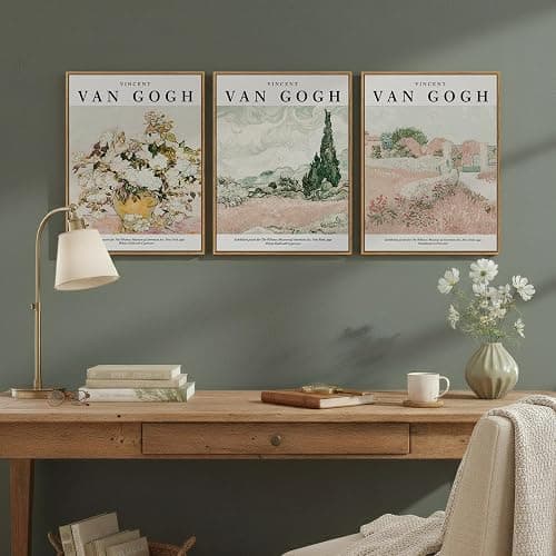 Framed Van Gogh Wall Art Set of 3, Neutral Beige and Soft Pink Canvas Prints, Vintage Landscape and Floral Paintings for Living Room Bedroom Dining Room Entryway Decor, 12x16 Inch thumbnail 3