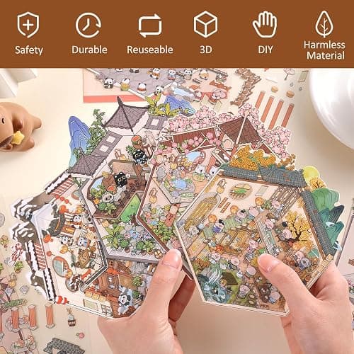 Girls 3D Miniature Scene Stickers, 4 Sets Chinese Courtyard DIY House Stickers for Lunar New Year, Spring, Summer, Auturn, Cute 3D Cartoon Sticker Scenes for Adult Kids Relief Stress Pass The Time thumbnail 3