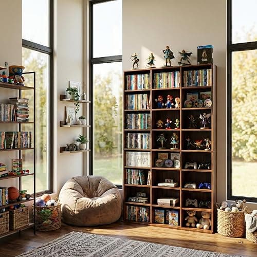 holzart 8-Tier Media Storage Cabinet, Tall Wooden CD DVD Rack Organizer, Freestanding Media Display Shelf Tower for Video Games, Movies, Books and Collectibles, 40" x 64", Rustic Brown Finish thumbnail 8