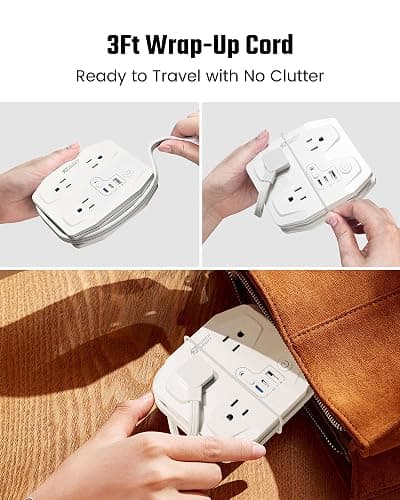 20W Travel Power Strip SUPERDANNY 3-Foot Wrap Up Extension Cord with 3 Outlets and 3 Fast Charging USBs, No Surge Protector Cruise Approved Portable Mini Travel Charger for Home Office Hotel, White thumbnail 3