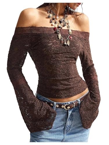 BEAUDRM Women's Lace Off The Shoulder Tops Boho Western Bell Sleeve Top | Sheer Mesh, Foral Lace, Flare Sleeve, Long Sleeve, Boho, Western, Gothic, Fitted T Shirts - Image 1