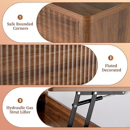 LYNCOHOME Fluted Lift Top Coffee Table with Storage, Modern Coffee Table for Living Room, Home Office（Walnut thumbnail 5