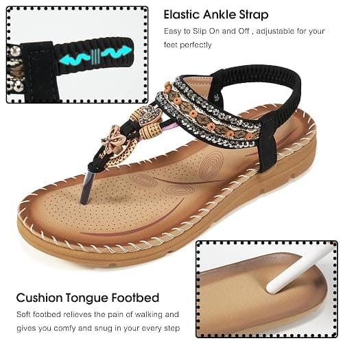 Aomigoct Sandals Women Flat Shoes: Dressy Summer Bohemian Flats Shoes for Women Sandals Comfortable Ankle Strap Outdoor Walking thumbnail 5