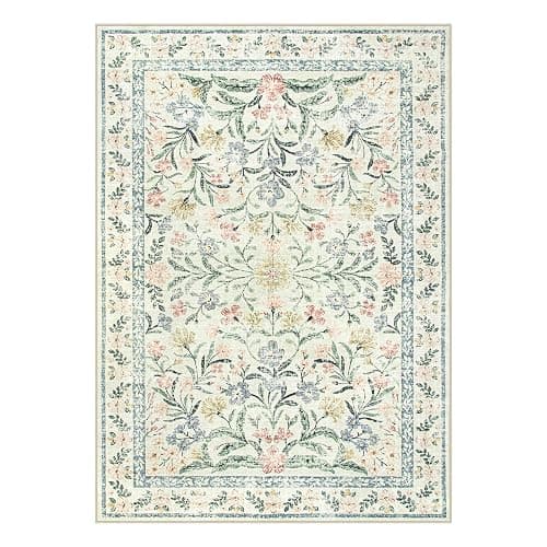 Wonnitar Boho Floral Washable Rugs 5x7, Soft Area Rugs for Bedroom, Ultra-Thin Non Slip Beige Area Carpets, Flower Print Decor Carpet for Living Room Nursery Dining Room Office thumbnail 9