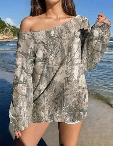 MISSACTIVER Camo Sweatshirt for Women Oversized Fleece Off Shoulder Long Sleeve Maple Leaf Print Pullover Sweater Tops thumbnail 2