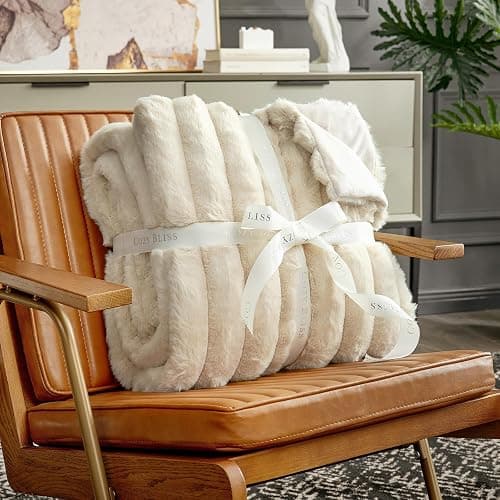 Cozy Bliss Faux Fur Throw Blanket for Couch, Cozy Warm Plush Striped Blanket for Sofa Bedroom Living Room,50 * 60 Inches Beige - Beige - Throw(50" x 60") thumbnail 4