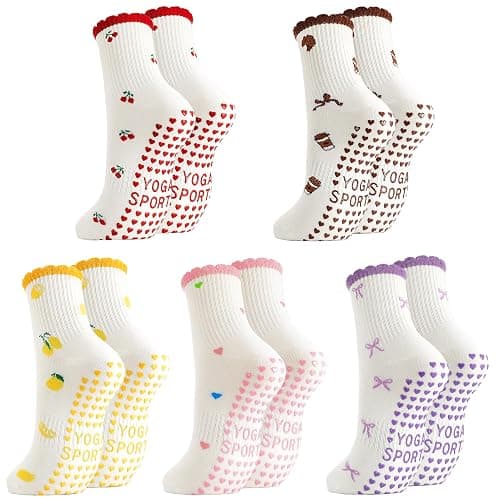 scenicamp 5 Pairs Cute Pilates Socks for Women, Ruffle Frilly Yoga Socks Non Slip Cotton Crew Socks with Embroidery Pattern - Image 1