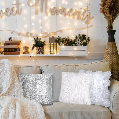 Oudain 6 Pcs Decorative 3D Rose Flower Pillow Cover, 16 x 16 Inch Faux Fur Throw Pillow Covers for Bed Square Sofa Bedroom Car(White, Silver) thumbnail 7