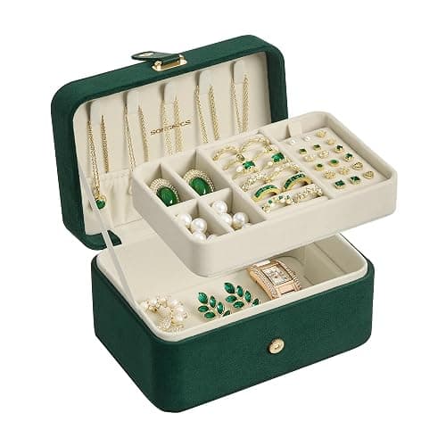 SONGMICS GISELLA Collection - Travel Jewelry Organizer, 2-Layer Jewelry Case Holder with Shiny Metal Hardware, Portable, Premium Velvet, for Earrings Necklaces, Retro Green UJBC166C04 - Image 1