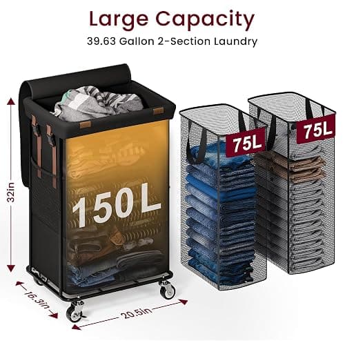 150L Rolling Laundry Basket with Wheels and 2 Removable Bags, Double Laundry Hamper with Lid, 2 Section Large Capacity for Laundry Bedroom Bathroom Dorm, Easy Move & Organize 19.7"x15.7"x31.9", Black thumbnail 2