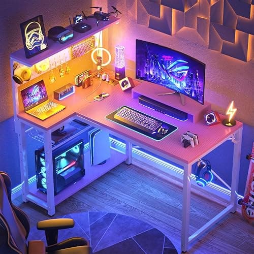 Homieasy Small Gaming Desk with Power Outlets Pegboard LED Light, 43 Inch L Shaped Computer Desk with Monitor Stand Storage Shelves, Reversible Corner Desk with Headset Hooks, Carbon Pink - Carbon Fiber Pink - 43 inch thumbnail 2