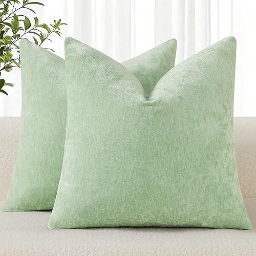 decorUhome Chenille Sage Green Summer Throw Pillow Covers 20x20 Inch Set of 2, Decorative Soft Couch Pillow Covers Solid Dyed Accent Farmhouse Neutral Square Pillow Cases for Sofa - Image 1