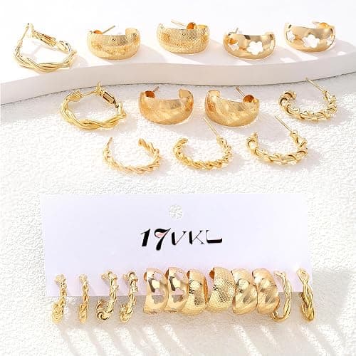 24 Pairs Gold Hoop Earrings Set for Women Hypoallergenic Chunky Chain Twisted Open Hoops Dangle Earring Packs for Birthday Party Fashion Jewelry Gift thumbnail 6