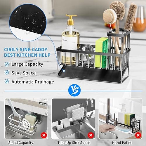 Cisily Kitchen Sink Caddy Organzier with High Brush Holder, Sponge Holder for Sink, 304 Rustproof Stainless, Kitchen Countertop Soap Dispenser Organizer, Kitchen Decor and Accessories (Black) thumbnail 3
