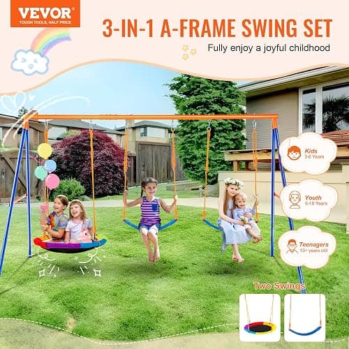 VEVOR Swing Sets for Backyard, with 1 Saucer Swing Seat, 2 Belt Swing Seats, 600lbs Load Capacity Swing Set, Heavy Duty A-Frame Metal Swing Stand and Adjustable Rope, Swingset Outdoor for Kids thumbnail 4