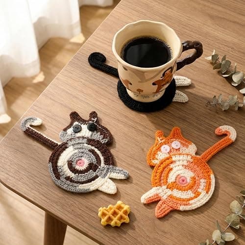 Cat Gifts for Cat Lovers 3PCS Cat Coaster Woven Creative Cute Cat Coaster Insulation Coaster Coffee and Tea Coaster Desktop Gifts thumbnail 2