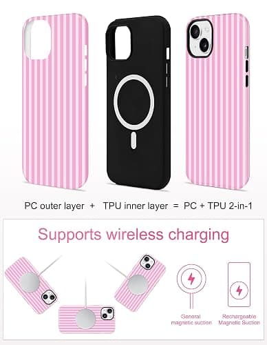 Aitipy Magnetic Striped Phone Case for iPhone 15 Plus, Compatible with MagSafe, Cute Pink Aesthetic Stripe Soft TPU and Hard PC Shockproof Protective Phone Cover for Women Girls thumbnail 2