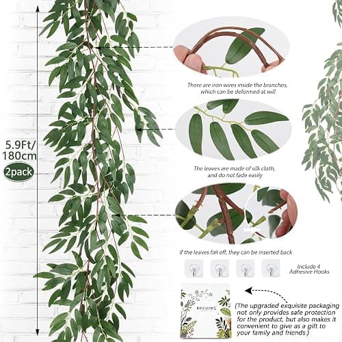 RECUTMS Artificial Willow Leaves Vine Twigs 2Pcs 5.9Ft Fake Hanging Ivy Plants Silk Green Leaf Rattan Garland Greenery Decor for Indoor Outdoor Home Wedding Arch Jungle Beach Birthday Party Garden thumbnail 4