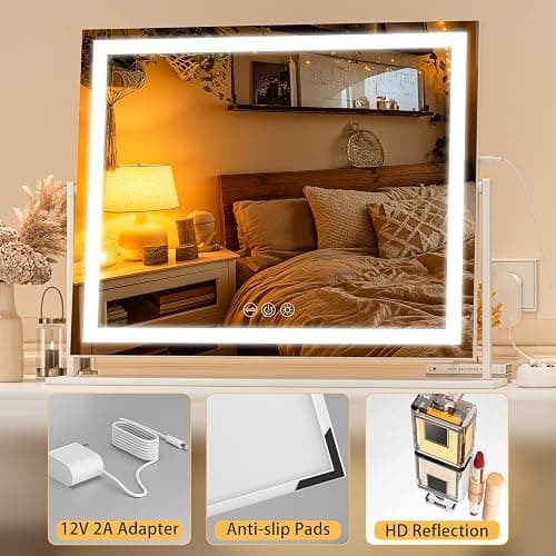 Batuso Vanity Mirror with Lights, 24'' x 20'' Lighted Makeup Mirror, Touch Screen with 3-Color Lighting, Dimmable for Vanity Desk Tabletop Square White thumbnail 7
