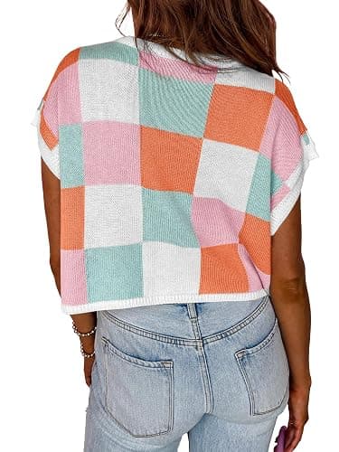 Saodimallsu Womens Cap Sleeve Crop Tops Summer Color Block Going Out Crew Neck Knit Trendy Casual Sweater thumbnail 4