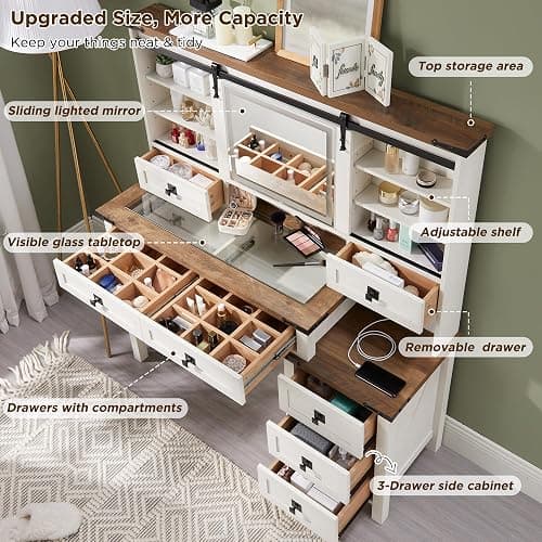 T4TREAM 48'' Farmhouse Makeup Vanity Desk with Sliding HD Mirror and Lights, Big Modern Lighted Vanity Table with 7 Drawers & Shelves, Rustic Large Dressing Table, Antique White thumbnail 3