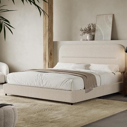 HOMBCK Queen Bed Frame with Headboard, Boucle Upholstered Soft Platform Bed Frame with Thickened Footboard, Rounded Corners Design, No Box Spring Required, Easy Assembly, Cream - Image 1