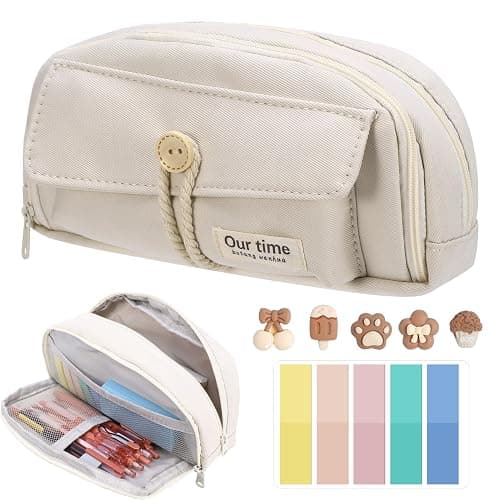 Candcamp Cute Pencil Case, Pencil Case for Girls with 5 Decorative Patches and 1 Pack of Sticky Notes in Five Colors for School Kids Teenagers College Students - Image 1