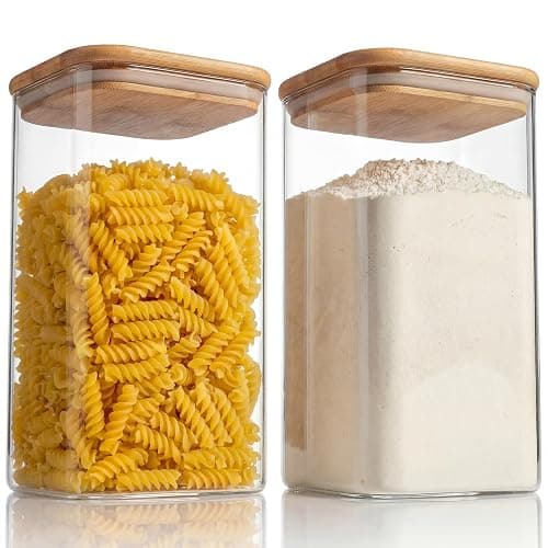 Extra Large Square Glass Flour & Sugar Storage Containers with Airtight Lids, 168oz 2 Pack Glass Jars with Bamboo Lids, Air tight Pantry Food Storage Containers for Cereal, Pasta, Rice Organizers - Image 1