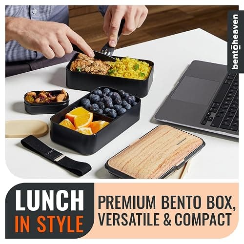 Bentoheaven Premium Bento Box Adult Lunch Box with Compartments for Women & Men, Set of Utensil & Chopsticks & Dip Container, Cute Japanese Kids Bento Lunch Box, Microwavable (Symph Onyx) thumbnail 3